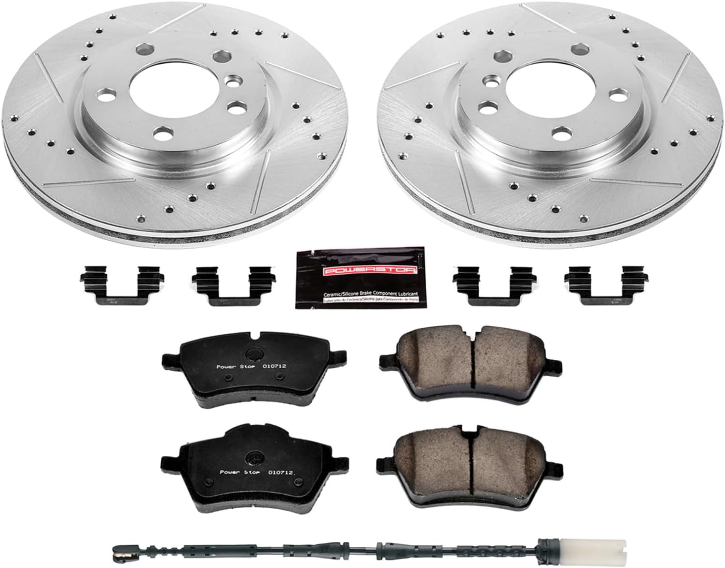Power Stop K6665 Front Z23 Carbon Fiber Brake Pads with Drilled & Slotted Brake Rotors Kit and 1 Front Sensor Wire