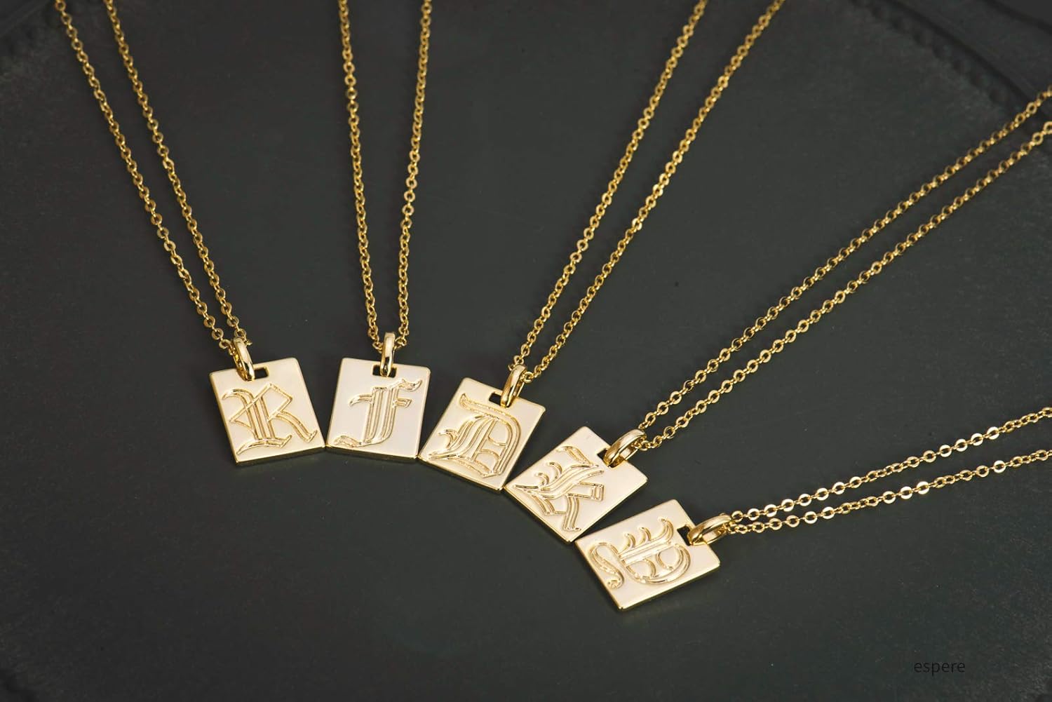 espere 18K Gold Plated Old English Initial Square Pendant Necklace | Gold Initial Necklace Vintage Style Gold Medallion Pendant Necklace Gold Letter Necklace