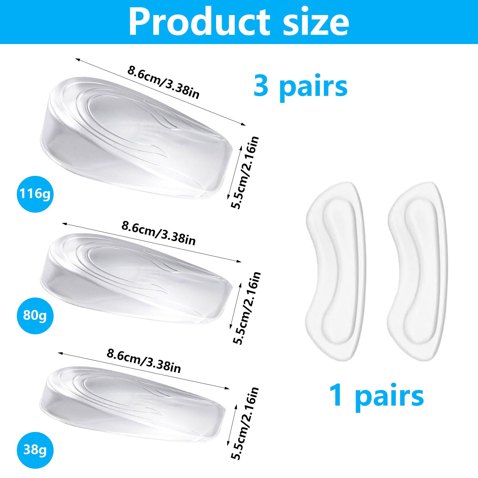 3 Paia Altezza Aumentando Tallone Solette, 1/2/3cm Rialzo Tallone per Scarpe, Solette Rialzate Donna, Talloniera di Silicone di Altezza Solettes + 1 Paio Cuscinetti per Tallones