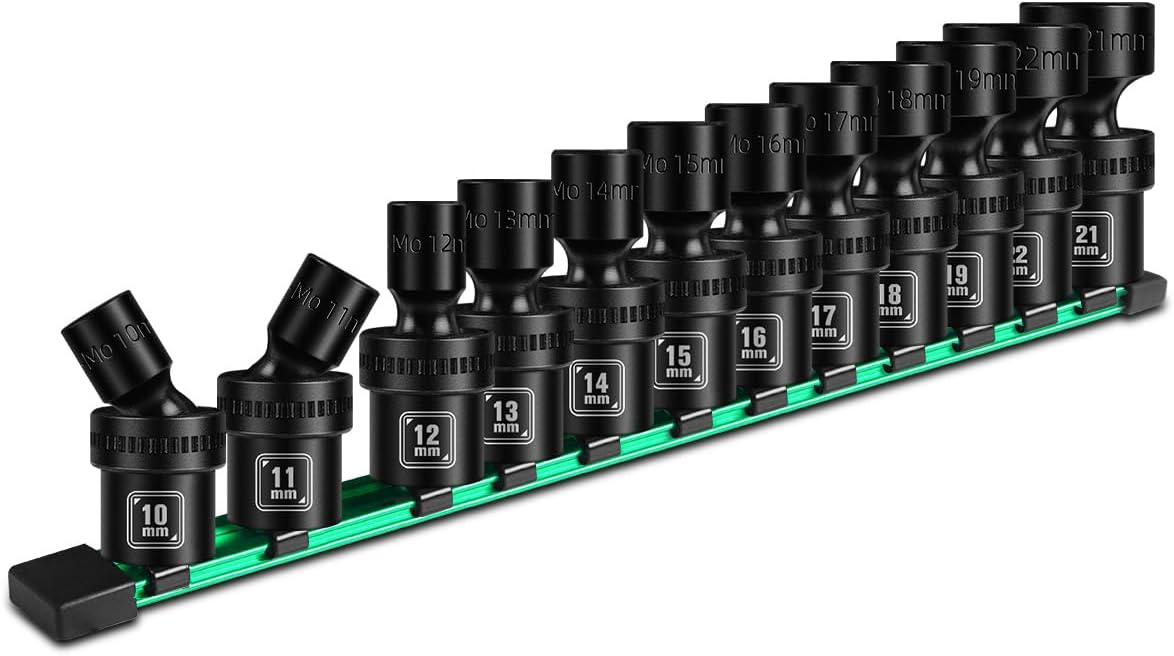BLACKROBOT 3/8" Drive Shallow Universal Impact Socket Set, 12PCS 6 Point Metric Swivel Socket set(10-22mm), CR-MO Steel, Includes Storage Rail