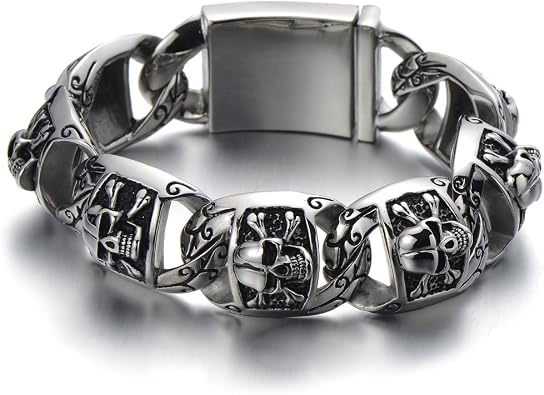 COOLSTEELANDBEYOND Heavy and Study Mens Stainless Steel Biker Skull Bracelet Silver Black Two-Tone Polished