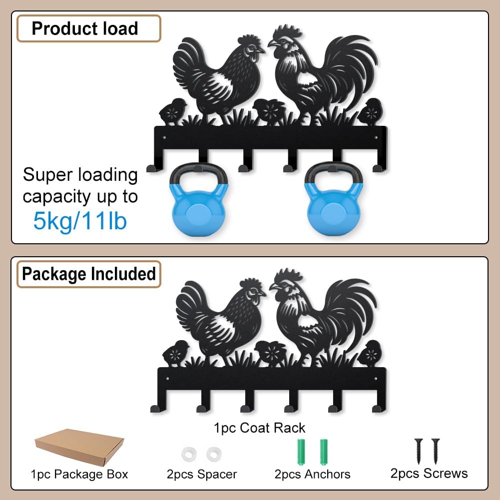 MAYJOYDIY Roosters Hen Metal Key Hook Chicks Plum Blossom Coat Rack Wall Mounted 15.7×9.8inch Art Wall Decor Key Holder Organizer Rack with 6 Hooks for Gift Coats Hats Towels Bags Hanging