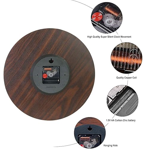 Miniatura 3 de EnjoyHome - Reloj de pared rústico con funcionamiento a pilas, silencioso, decorativo, pequeño, de madera, Madera, Diseño 1, 14 pulgadas