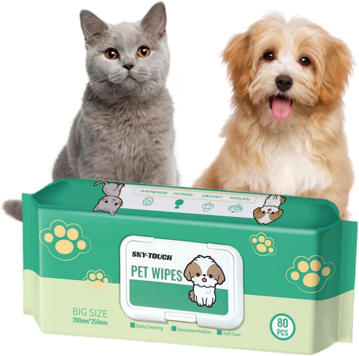 SKY-TOUCH Dog Wipes 80pcs, Large Pet Grooming Wipes for Dogs & Cats, for full body, eye wipes, ear wipes, Paws, & Butt Unscented (1 pack)