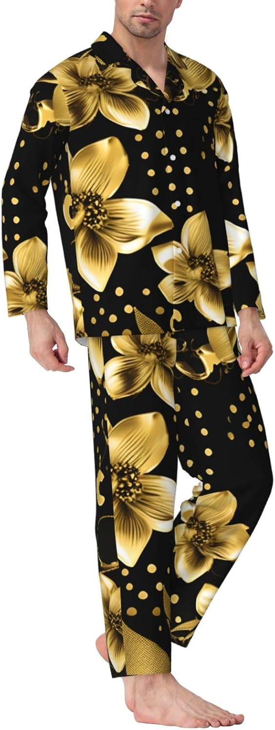 Black And Gold Flowers Print Luxurious Mens Pajamas Set,Soft Breathable Pajamas, Perfect For Winter Christmas