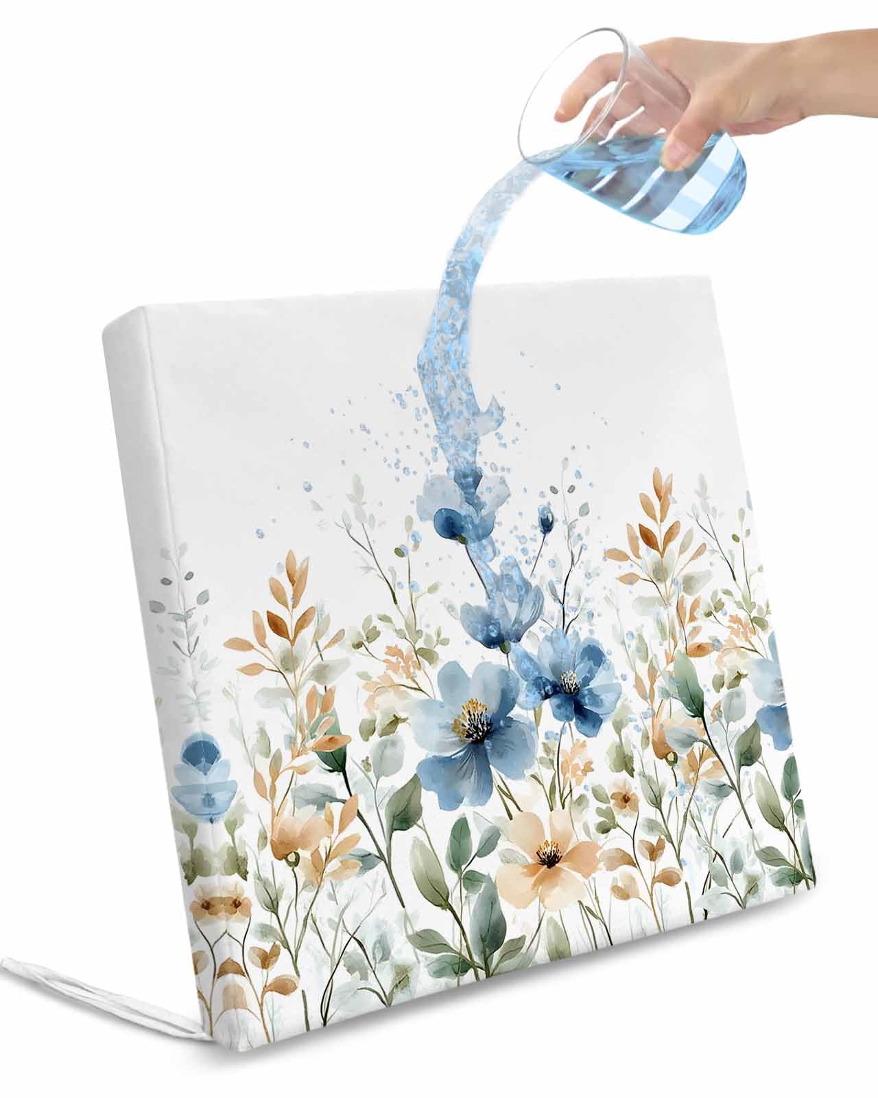 2 Pack Blue Spring Floral Waterproof Cushion Covers with Ties, Outdoor Patio Chaise Lounge Chair Seat Cushion Slip Covers Replacement(Only Cover) Watercolor Blooming Summer Botanical 22
