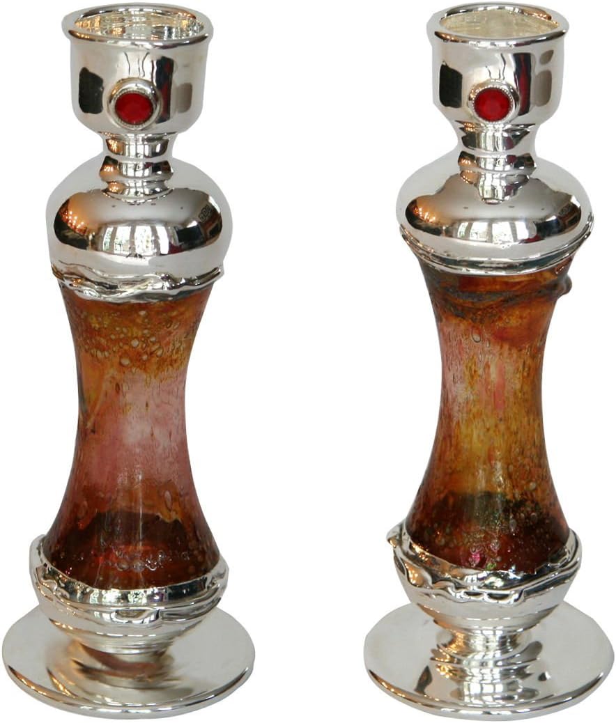 Shabbat Sabbat Candle Holders / Sticks Brown/Red Hand Blown