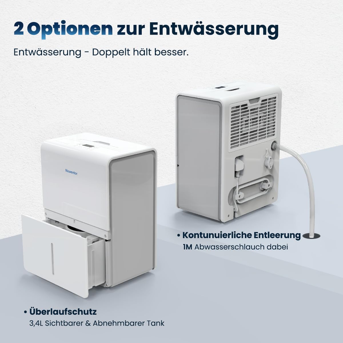 Newentor Dehumidifier showing water tank and continuous drainage port