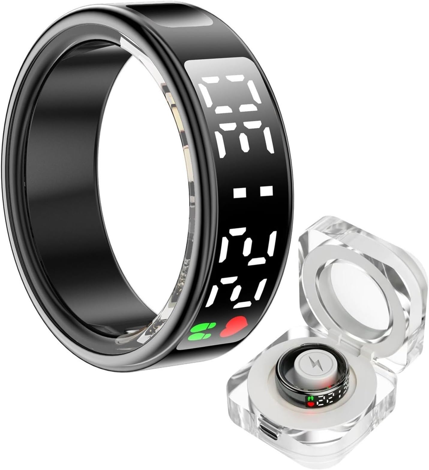 Smart Ring Health Tracker With LED Display Screen, Wearable Sleep Heart Rate Step Blood Oxygen Blood Pressure Tracker IP68 Waterproof Smart Ring For Women Men(Black,12)