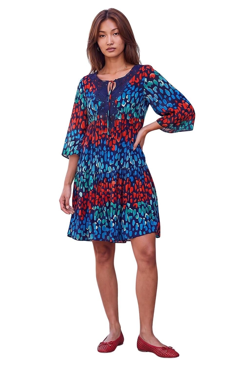 Roman Women's Navy Abstract Spot Print Lace Trim Dress Size 16