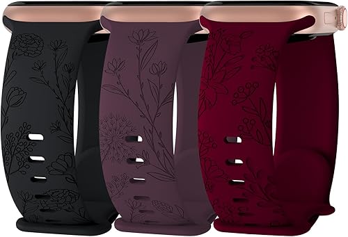 Paquete de 3 correas de silicona grabadas florales compatibles con Apple Watch Band de 1.496 pulgadas, 1.575 pulgadas, 1.614 pulgadas, 1.654