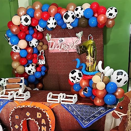 Image of Horse Racing Balloon Arch Garland Kit, Western Cowboy Party Decorations, 131PCS Red Blue Brown Cow Print Balloons for Derby Day Festival First Rodeo Farm Cow Wild Party Birthday Supplies