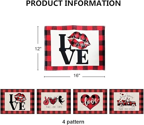 Miniatura 2 de SharkBliss Juego de 4 manteles individuales de San Valentín, manteles individuales para el día de San Valentín para mesa de comedor, 12 x 18