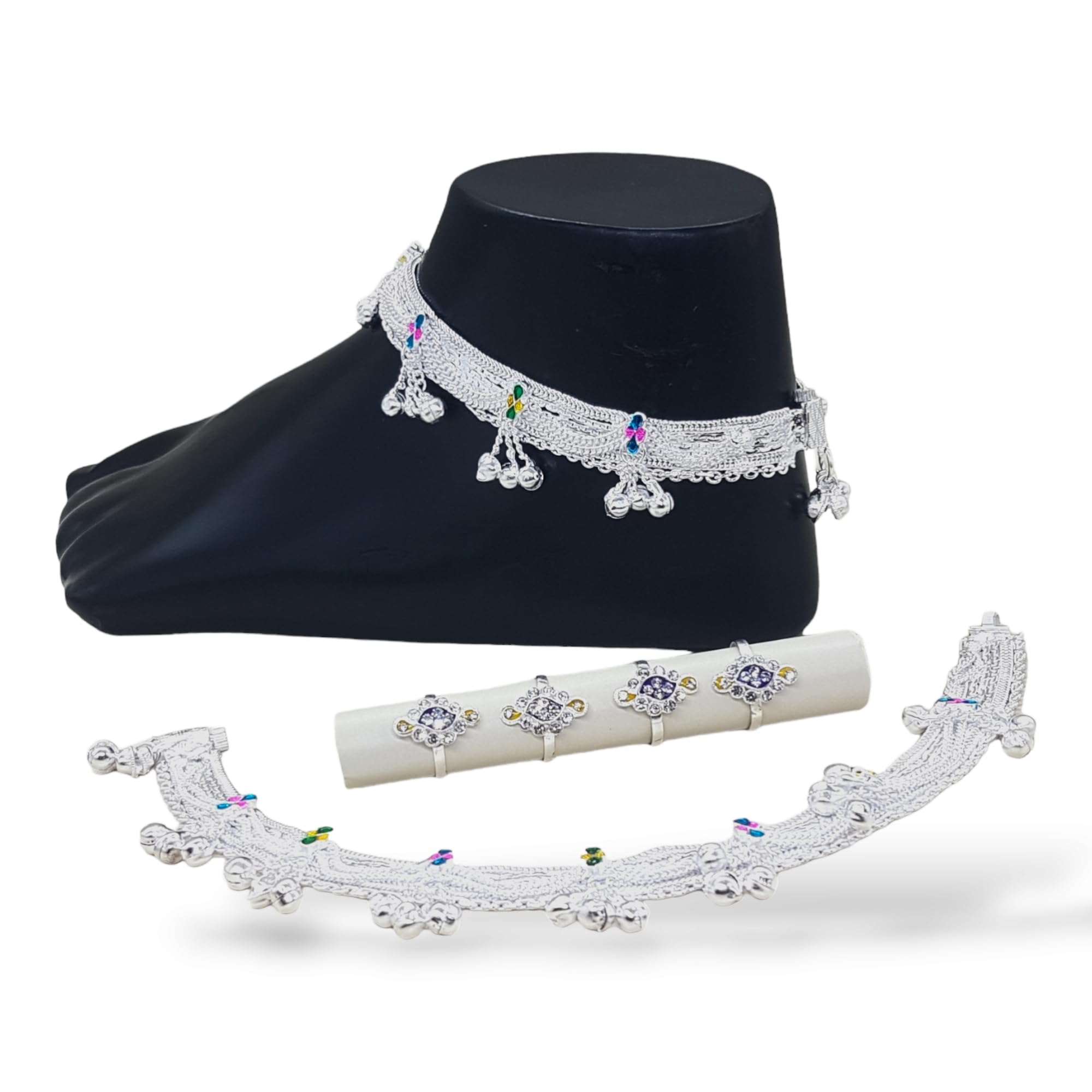 New Design Bell Anklet With 2 Pair of Multicolor Midi Toe Ring-image-23