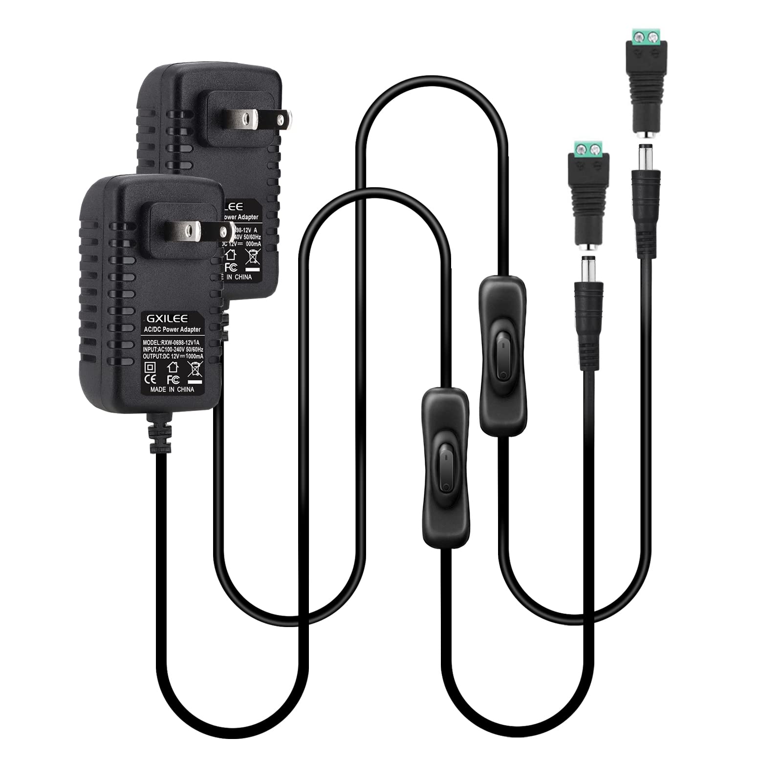 12V Power Supply with Switch for Indoor DC 12 Volt LED Strip Lights, Under Cabinet Light, CCTV Security Camera,1000mA 12W Max, Pack of 2