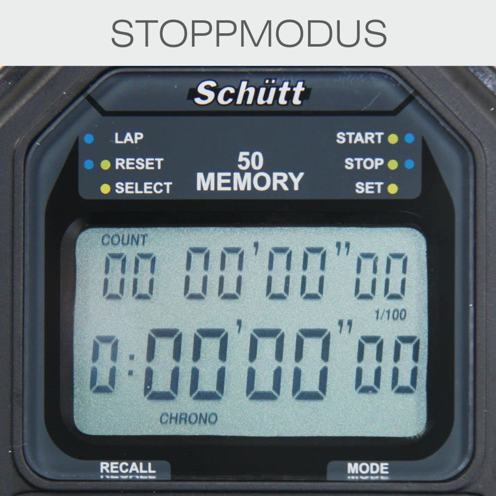 Schütt Stoppuhr PC-73 Zweizeiliges Display 50 Memory Timer Pacer Druckpunktmechanik Stoßfest Wasserfest