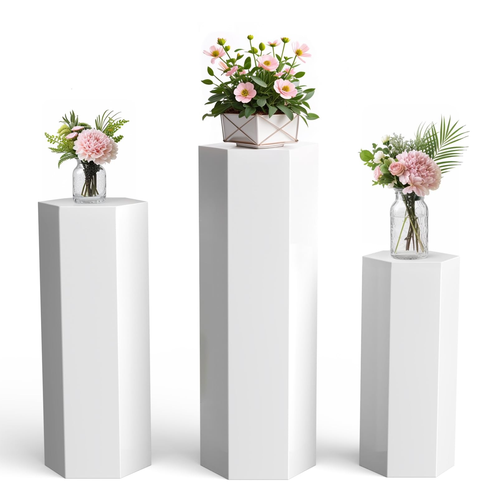 Stand de piédestal Hexagonal, Ensemble 3 étalages en Fer pour Un Cadeau gâteau, réutilisable Le décor d'événements d'anniversaire Douche bébé, piliers Mariage la fête Blanc