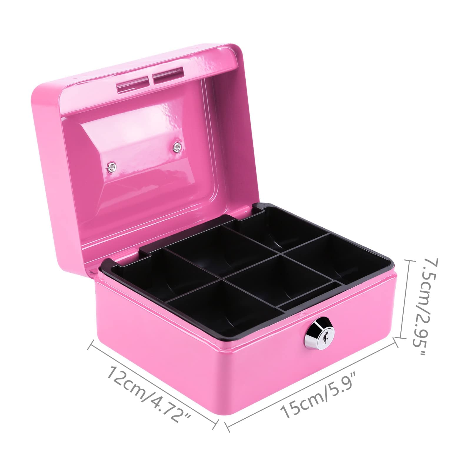 CROWNSHOP Lockable Cash Box 6" Metal Money Box with 2 keys Lockable Portable Petty Cash Money Tin with Removable Change Tray for Home Office and Events (Pink) - Image 2
