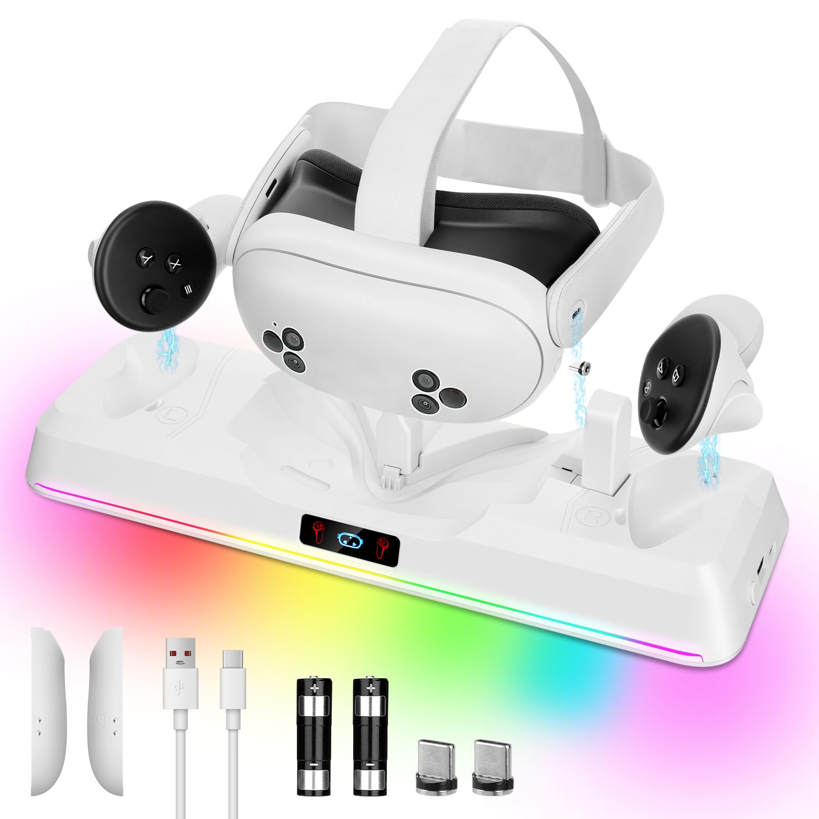 LYtech VR Charging Dock for Quest 3S - Magnetic Charging Station for Oculus Quest 3S Headset & Controllers, RGB Accessories with 1800mAh Batteries, Fast Charging