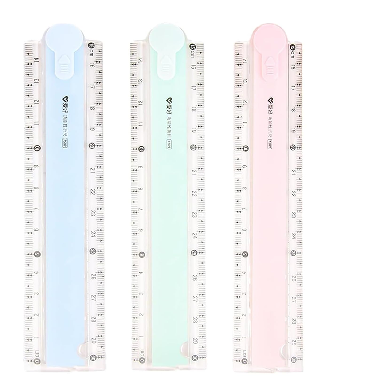 JCKD 3-piece foldable ruler, plastic multifunctional folding ruler, foldable measuring ruler, suitable for student stationery or office supplies/convenient storage (3 colors)