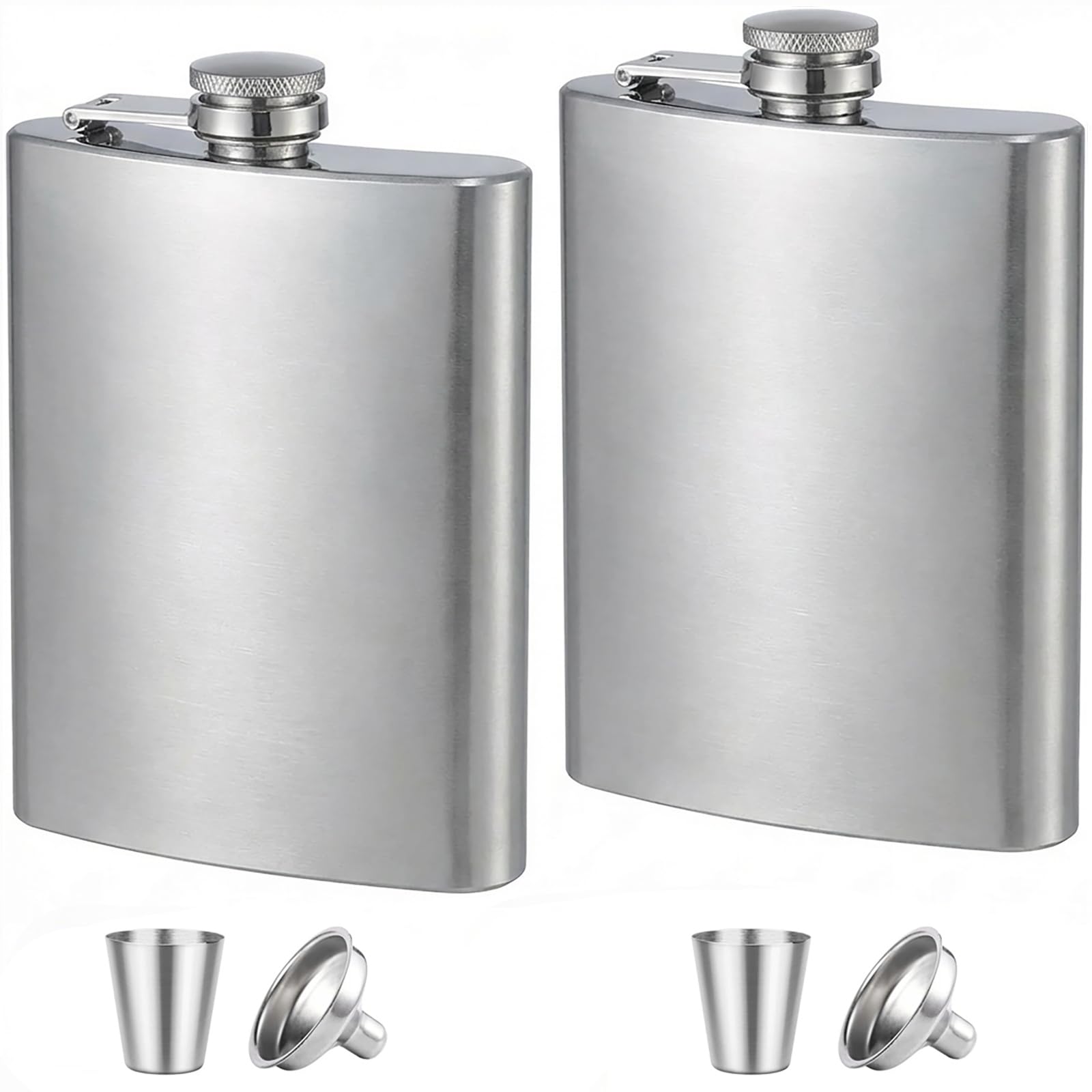 Stainless Steel Hip Flask 8oz Silver, Metal Flask for Whiskey Liquor, Small Pocket Flask with Funnel Cup, Mini Flask for Men Women Travel Camping Gifts 2 Pack