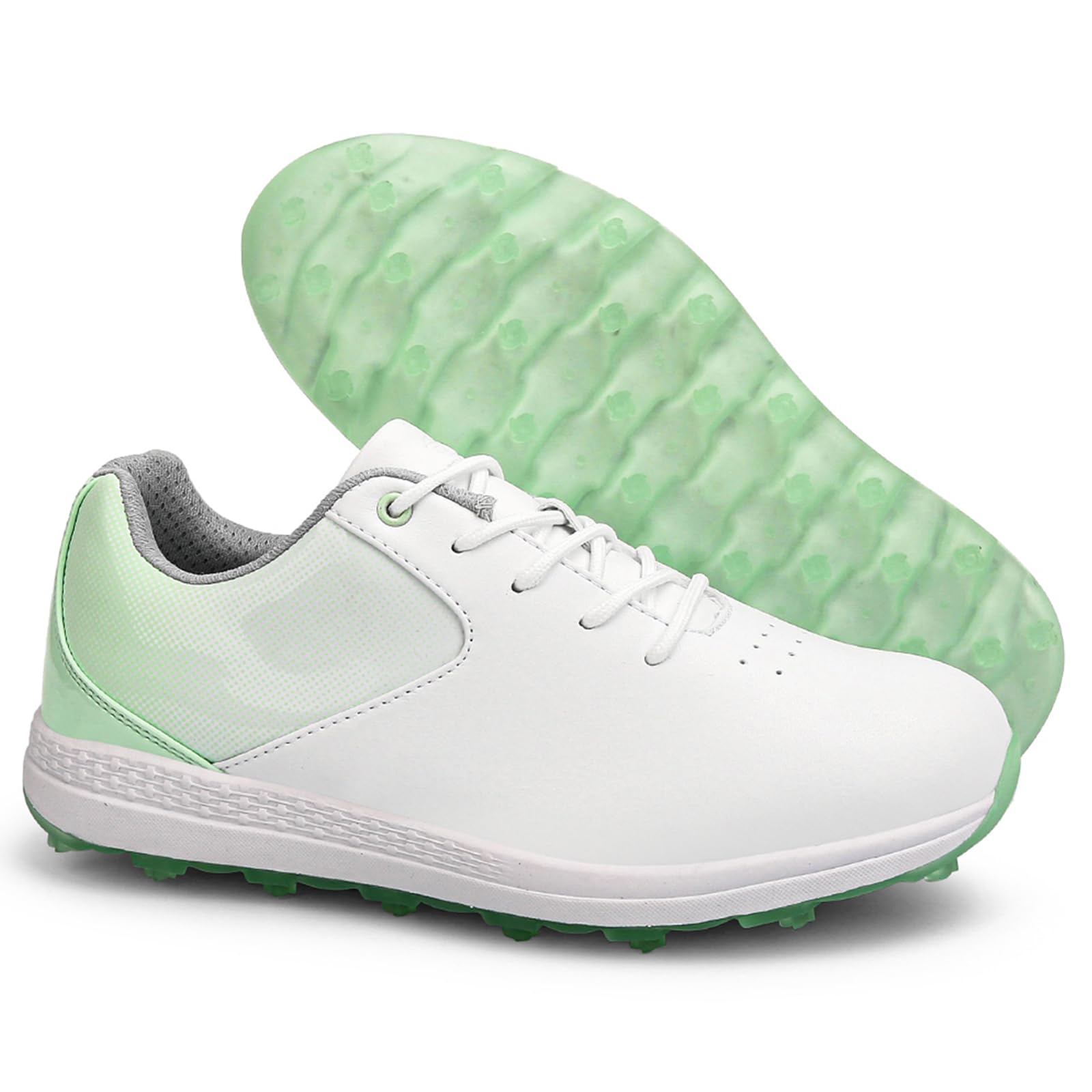 Zapatos de golf impermeables y ligeros NGARY de cuero cómodo para mujer en verde y blanco 8