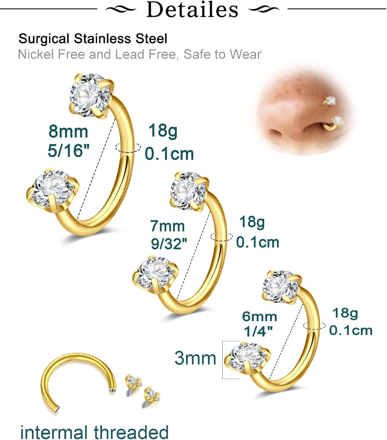 Longita 6mm 7mm 8mm 18g Horseshoe Nose Ring for Women Double Gem Horse Shoe Nose Ring Hoop Surgical Steel Gold Cartilage Helix Tragus Earring Hoops Labret Lip Piercing Jewelry Small Septum Rings 18g - Image 2