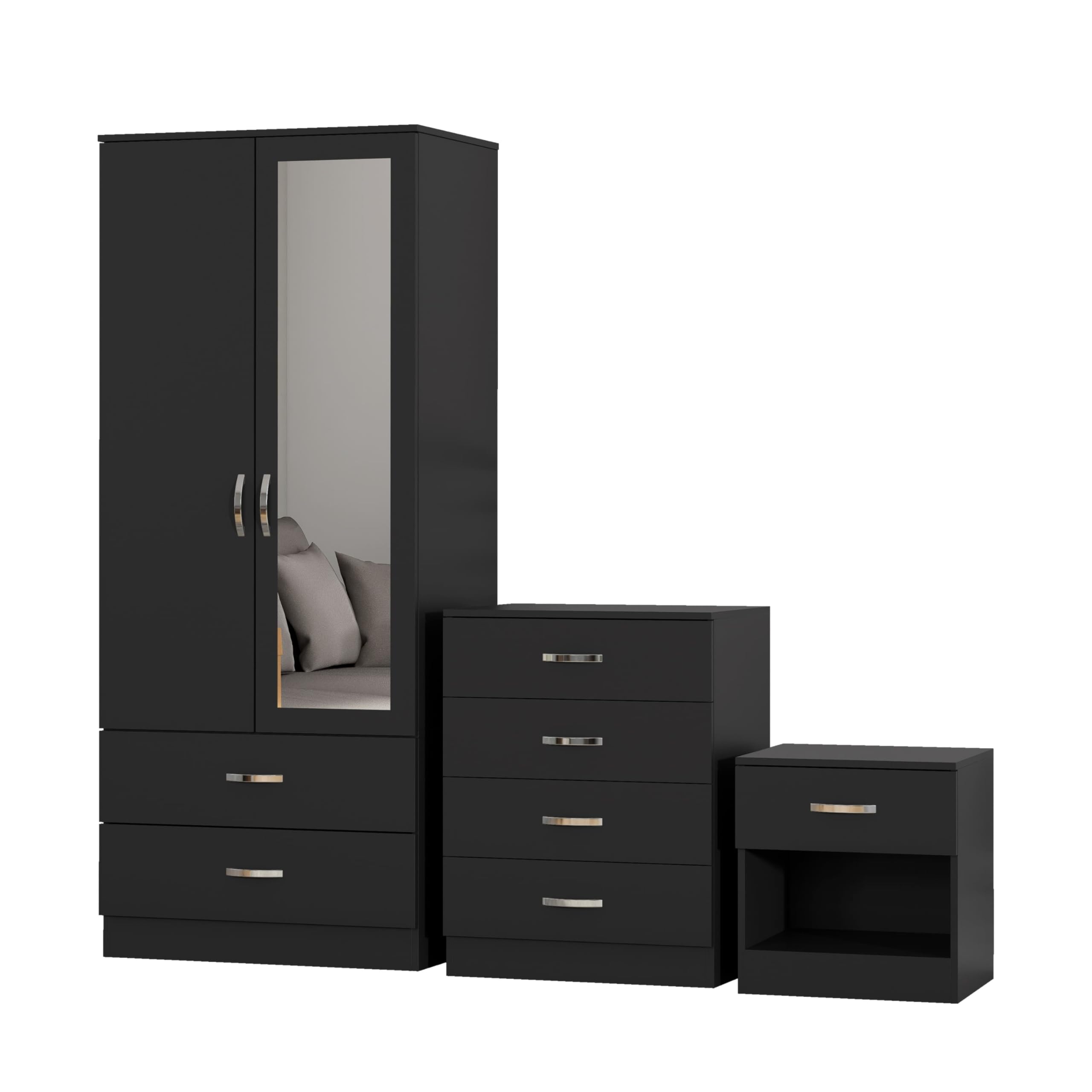 Nera Bedroom Furniture Set 3 Piece Set Wardrobe with Drawers Chest of Drawer Bedside Table Bedroom Storage (With Mirror Matt Black)