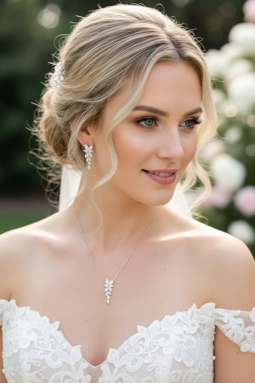 Set di gioielli da sposa oro con zirconi, collana e orecchini da donna, elegante set di gioielli con zirconi scintillanti, matrimonio, ufficio residenziale, sposa, fidanzamento