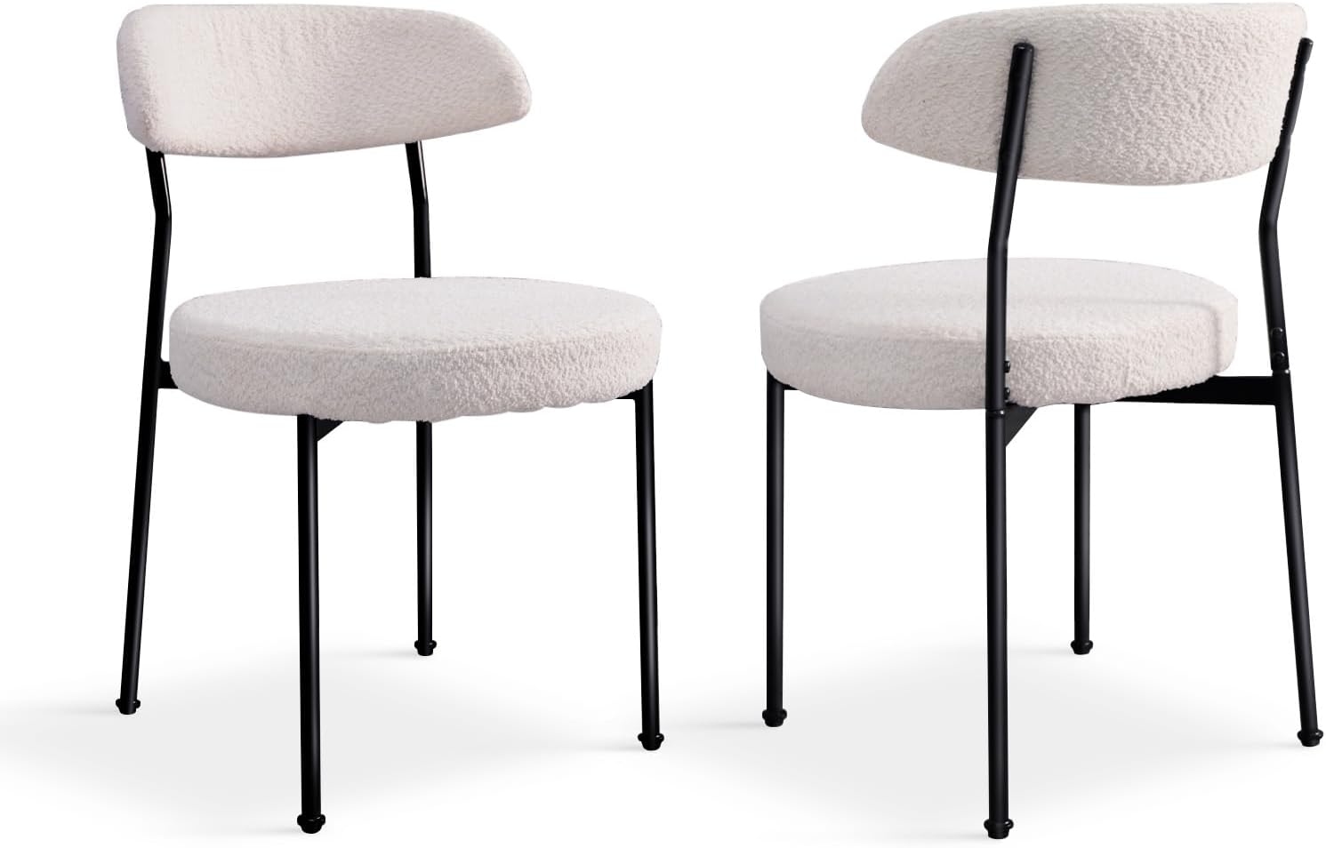 White Boucle Dining Chair Set of 2, Modern Oval Upholstered Dining Chairs with Curved Back and Metal Leg for Dining Room,Restaurant,Kitchen Island(Black Leg)