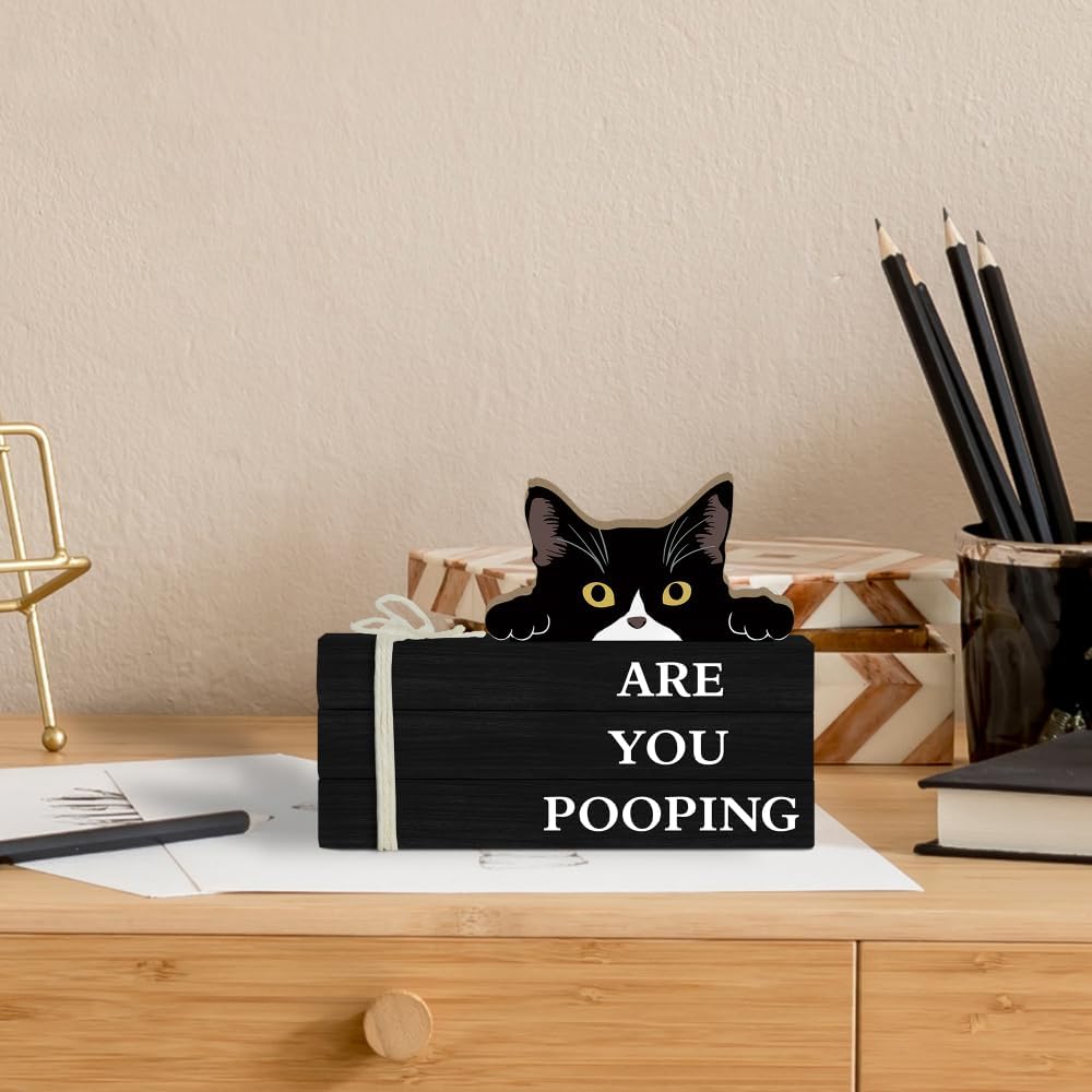 Cat Bathroom Wooden Book Stack Funny “Are You Pooping” Faux Book Box with Rope for Shelf, Toilet Tank, or Bathroom Tiered Tray Decor
