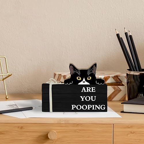 Cat Bathroom Wooden Book Stack Funny “Are You Pooping” Faux