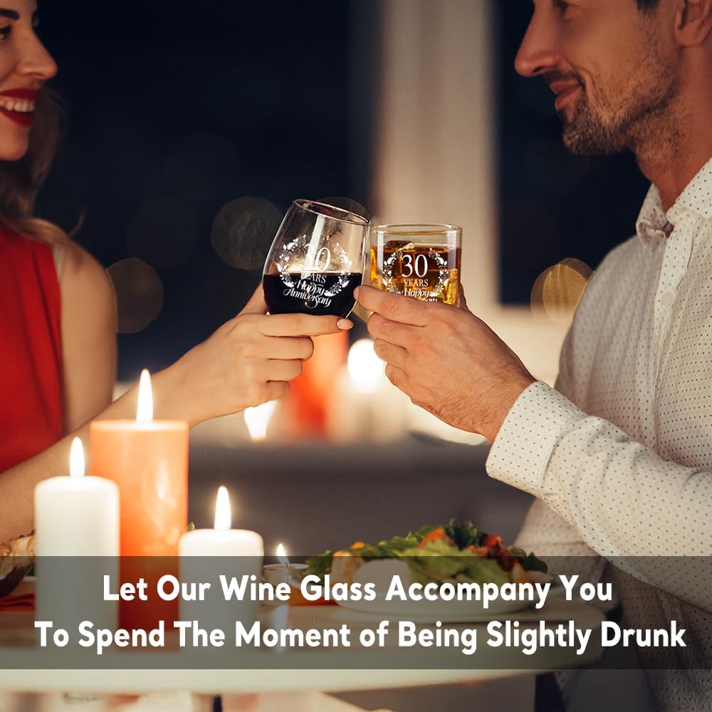 Perfectinsoy 30 Years Happy Anniversary Whiskey Glass and Stemless Wine Glass Gift Set, 30th Anniversary Wedding Gift For Mom, Dad, Soulmate, Couple, 30 Years Gifts, Happy 30th Anniversary