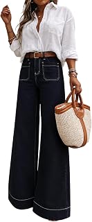 Women's High Waisted Wide Leg Jeans with Retro Patch Pockets Stretchy 70s Vintage Loose Denim Pants for Summer Vacation