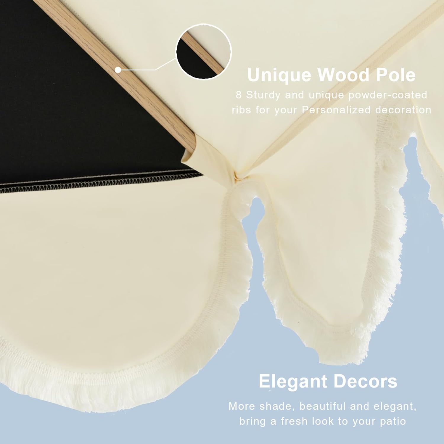 Tempera 9ft Scalloped Patio Umbrellas with Fringe, Market Umbrellas with Water-Resistant and Fade Resistant Canopy, 1.5" Wood Pole & Button Tilt.