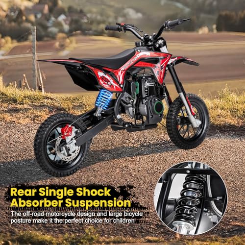 Image of Kids Dirt Bike, 50cc / Gas Powered Dirt Bike for Kids 8-14, 2-Stroke Mini Dirt Bike, Pull Start Off-Road Motorcycle, 10-Inch Tires, Disc Brakes, 25 MPH, 330 lb Max Load (Red 40CC 4-Stroke)