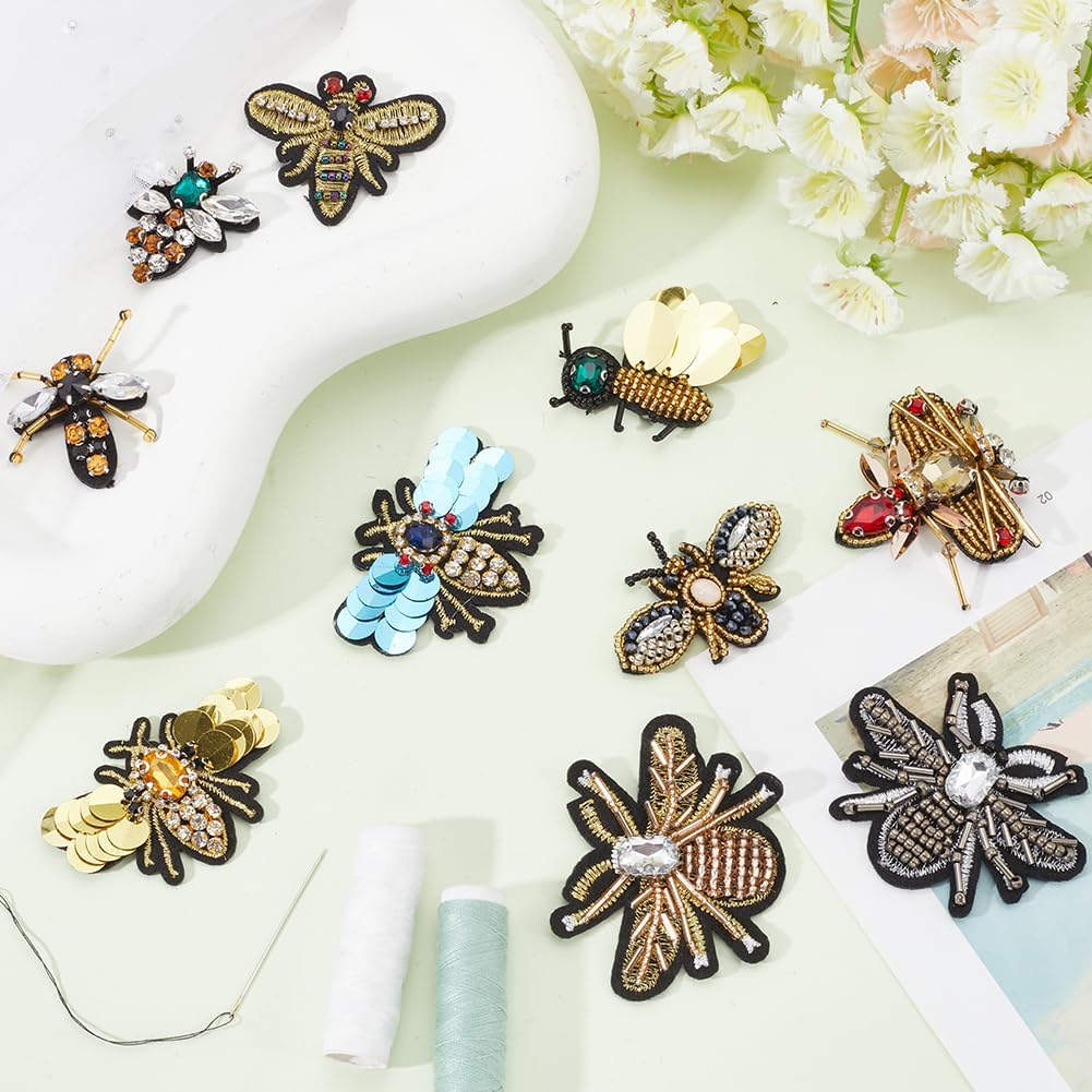 GORGECRAFT 10PCS 10 Styles Handmade Rhinestone Beaded Patches Bees Dragonfly Insect Sew on Crystal Pearl Sequin Patch Clothes Embroidery Applique for Clothing Bag Decorative Scrapbooking DIY Projects