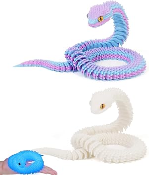 2 PCS 3D Printed Snake, Fidget Animals, Home Office Executive Desk Decor, Gift for Friends Blue Purple, Night Light White