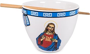 Bowl Bop Jesus Can I Get A Ramen? Japanese Ceramic Dinnerware Set | Includes 16-Ounce Ramen Noodle Bowl and Wooden Chopsticks | Asian Food Dish Set For Home & Kitchen | Funny Religious Gifts