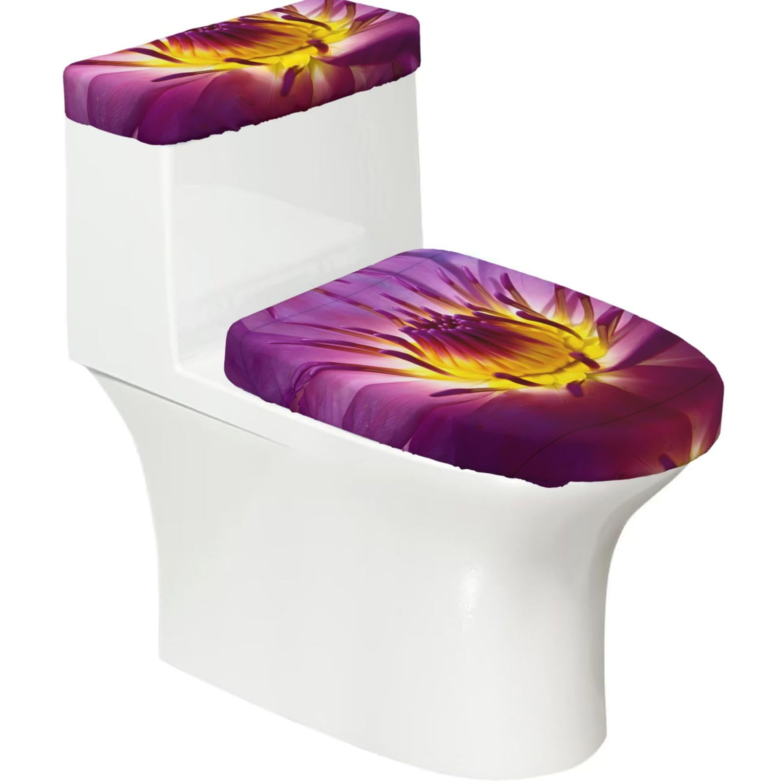 Yellow Lotus Flower 2-Piece Toilet Seat Cover Set with Tank Lid - Elastic for U-Shape & Elongated - Bathroom Decor