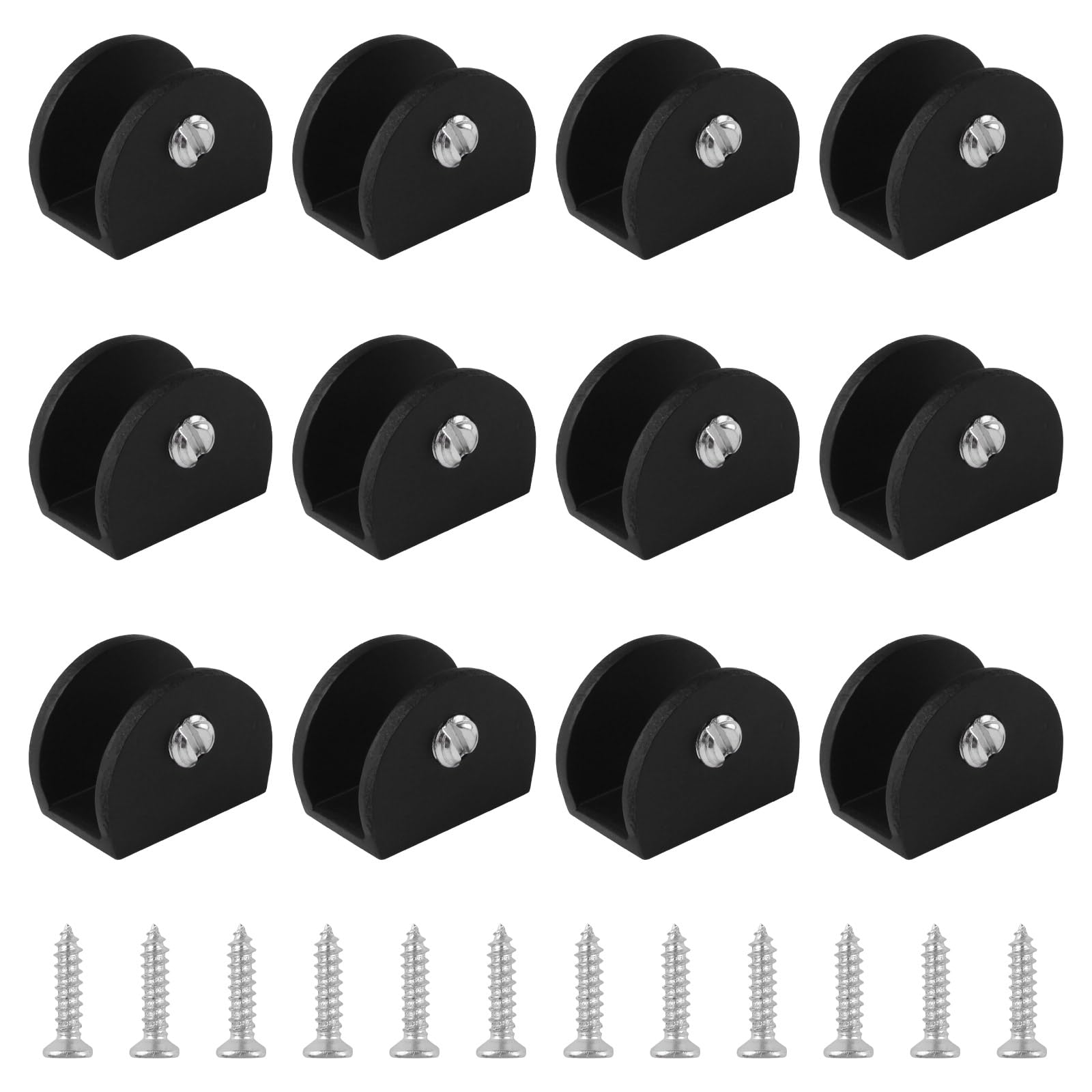 UFURMATE 12Pcs Adjustable Half Round Glass Shelf Brackets Aluminum Alloy Glass Clamp Clips Wall Mounted Shelf Holder Supports for 6-8mm Thick Glasses (Black)