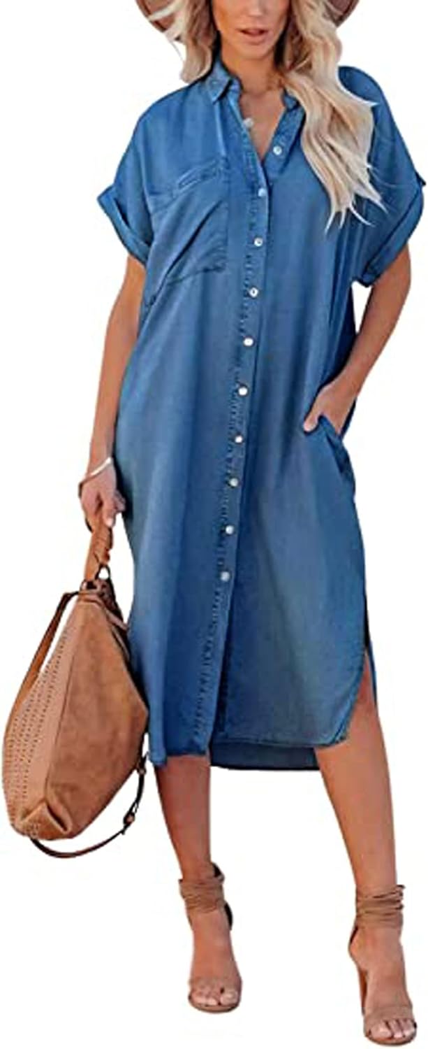 loveimgs Women Casual Button Down Faux Denim Midi Shirt Dress Side Slit Short Sleeve Jean Dress with Pocket