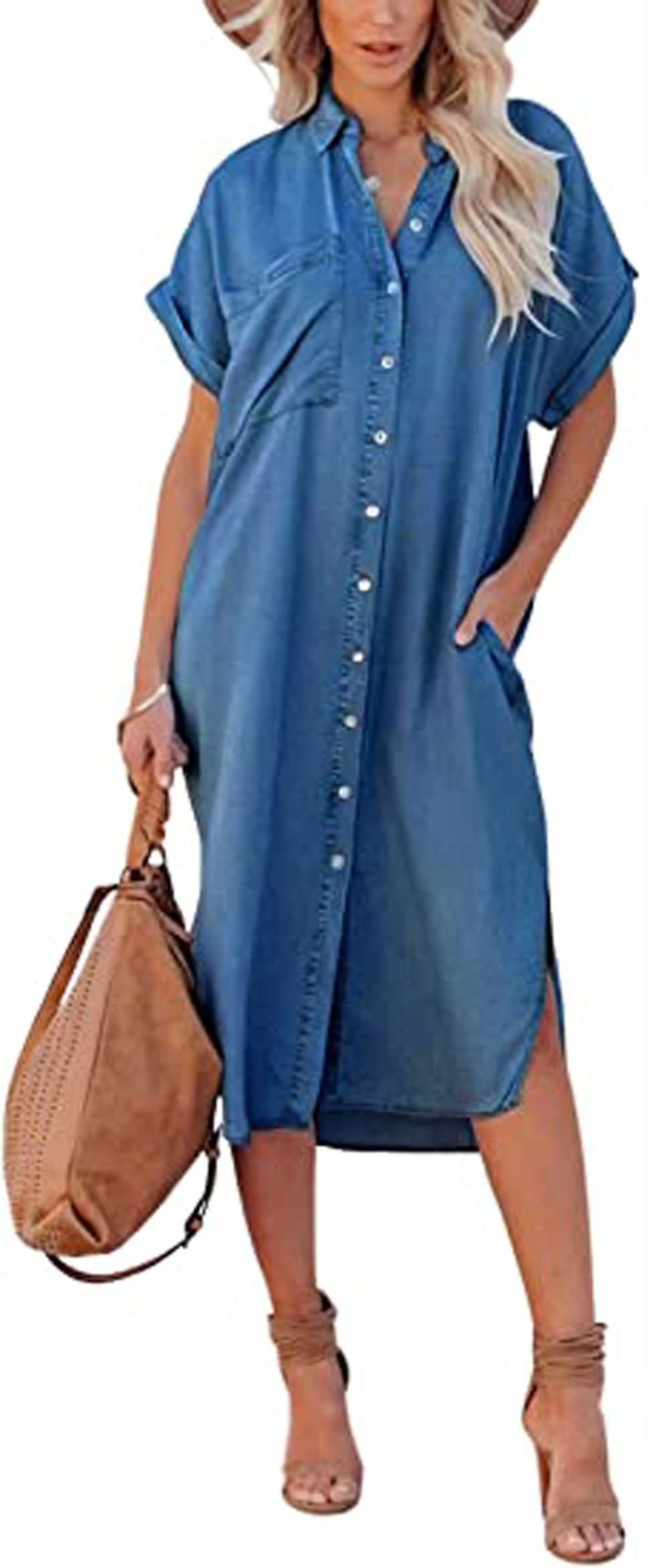 loveimgs Women Casual Button Down Faux Denim Midi Shirt Dress Side Slit Short Sleeve Jean Dress with Pocket XS Dark Blue