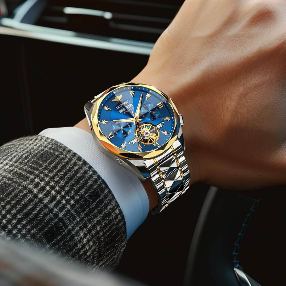 OUPINKE Men’s Watches Automatic Self-Winding Luxury Diamond Mirror Skeleton Mechanical Watch Date Dress Business Tungsten Steel Waterproof Luminous Wrist Watches for Men - Image 3
