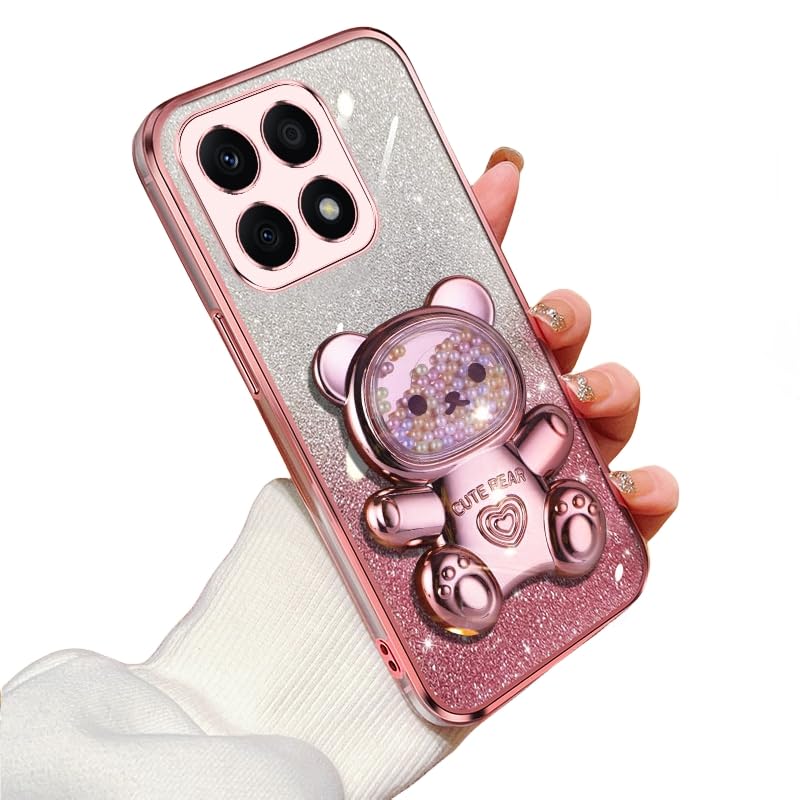 TPU Cover Compatible with Honor X8A Case, Cute Bear Hidden Kickstand Phone Case for Honor X8A Soft Shockproof Silicone Glitter Shell for Women Girls