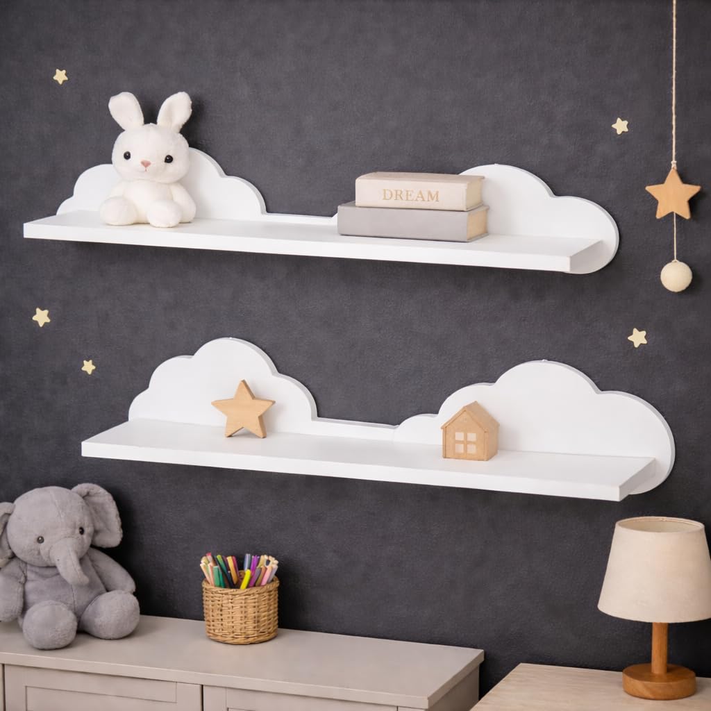 HomeZone® Lot de 2 étagères flottantes en Forme de Nuage pour Chambre d'enfant ou Salle de Jeux Panneau MDF Blanc, étagère légère pour Rebord d'image, étagère pour Chambre de bébé, Murale 54 cm