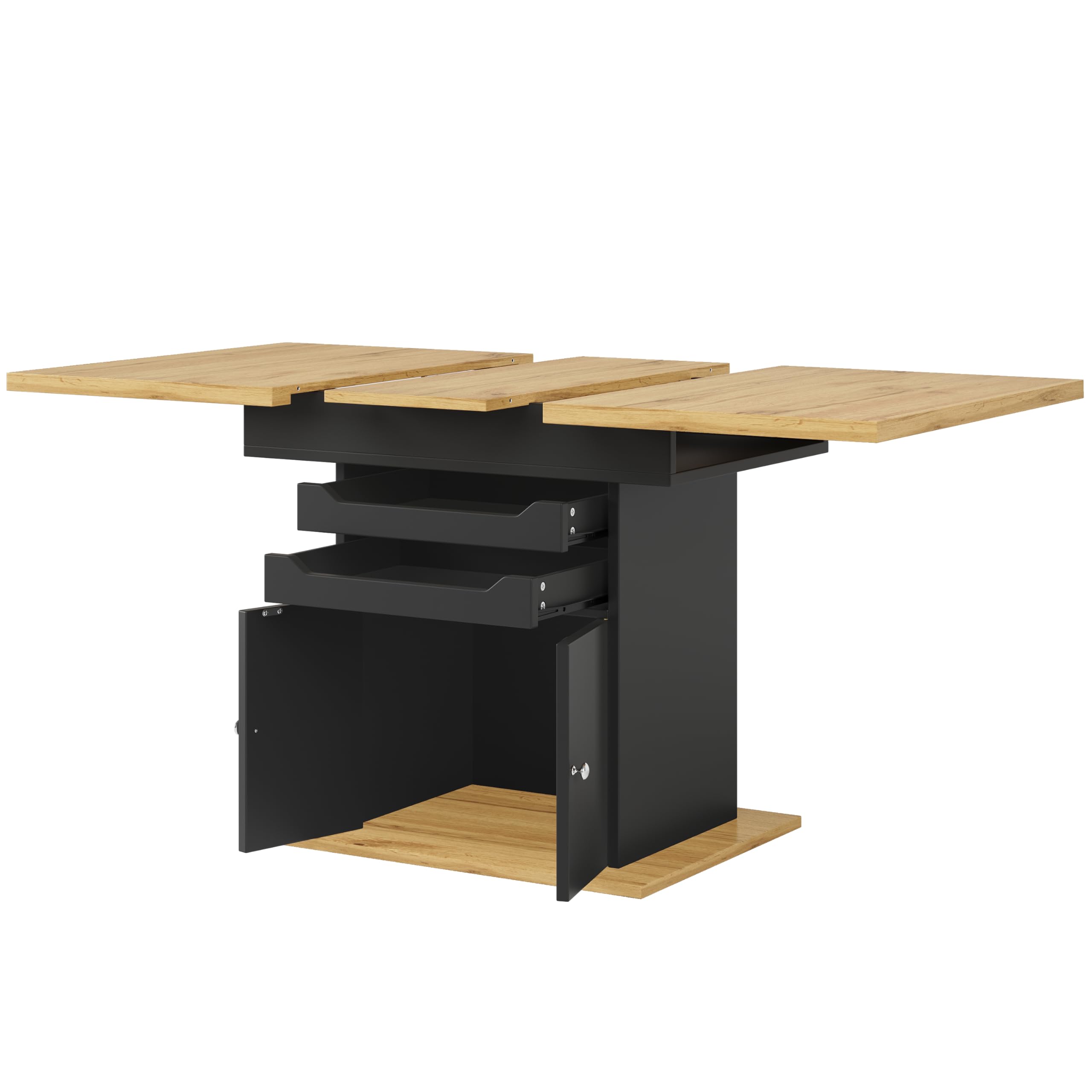 Table à manger télescopique avec deux tiroirs et meuble de rangement intégré gain de place