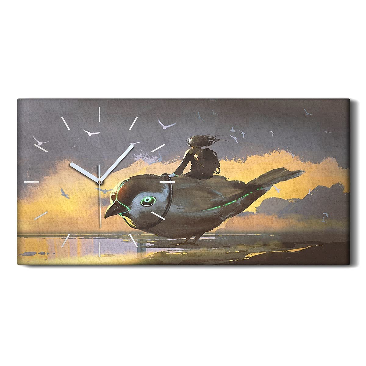 Horloge sur Toile Mains Blanches 60x30cm Tableau Poétique Fille Oiseau Muet