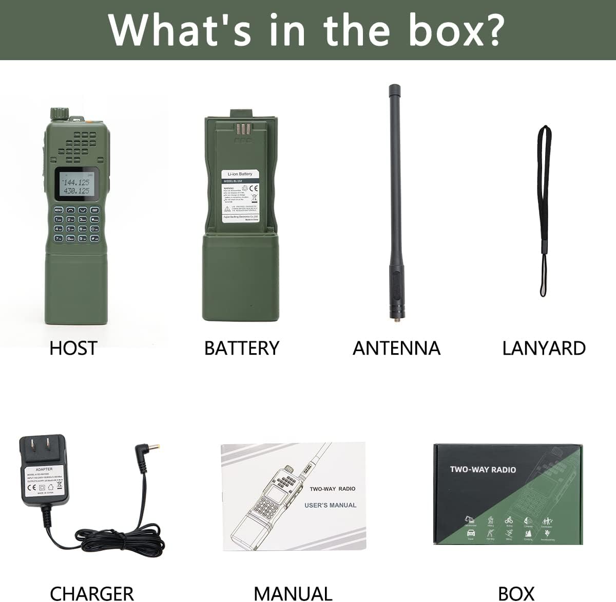 Contents of the Airiton AR-152 Ham Radio package including radio, battery, antenna, charger, manual, and lanyard.