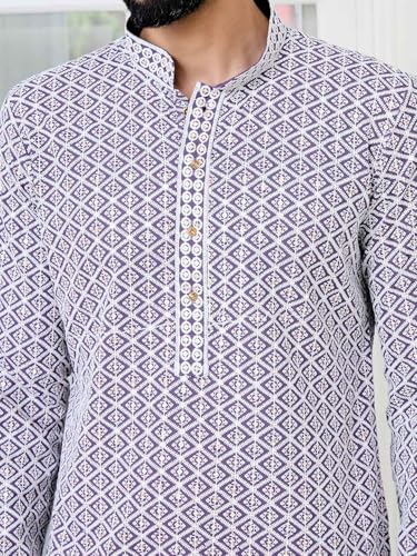 Image of See Designs Men's Full Sleeve Mandarin Collar Embroidered Thread Work Sequinned Rayon Straight Long Kurta - Festive Collection